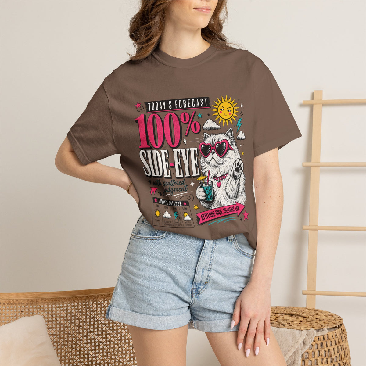 "Today's Forecast: 100% Side-Eye" Funny Cat T-Shirt | Comfort Colors 1717 | Sassy Cat Weather Meme Tee