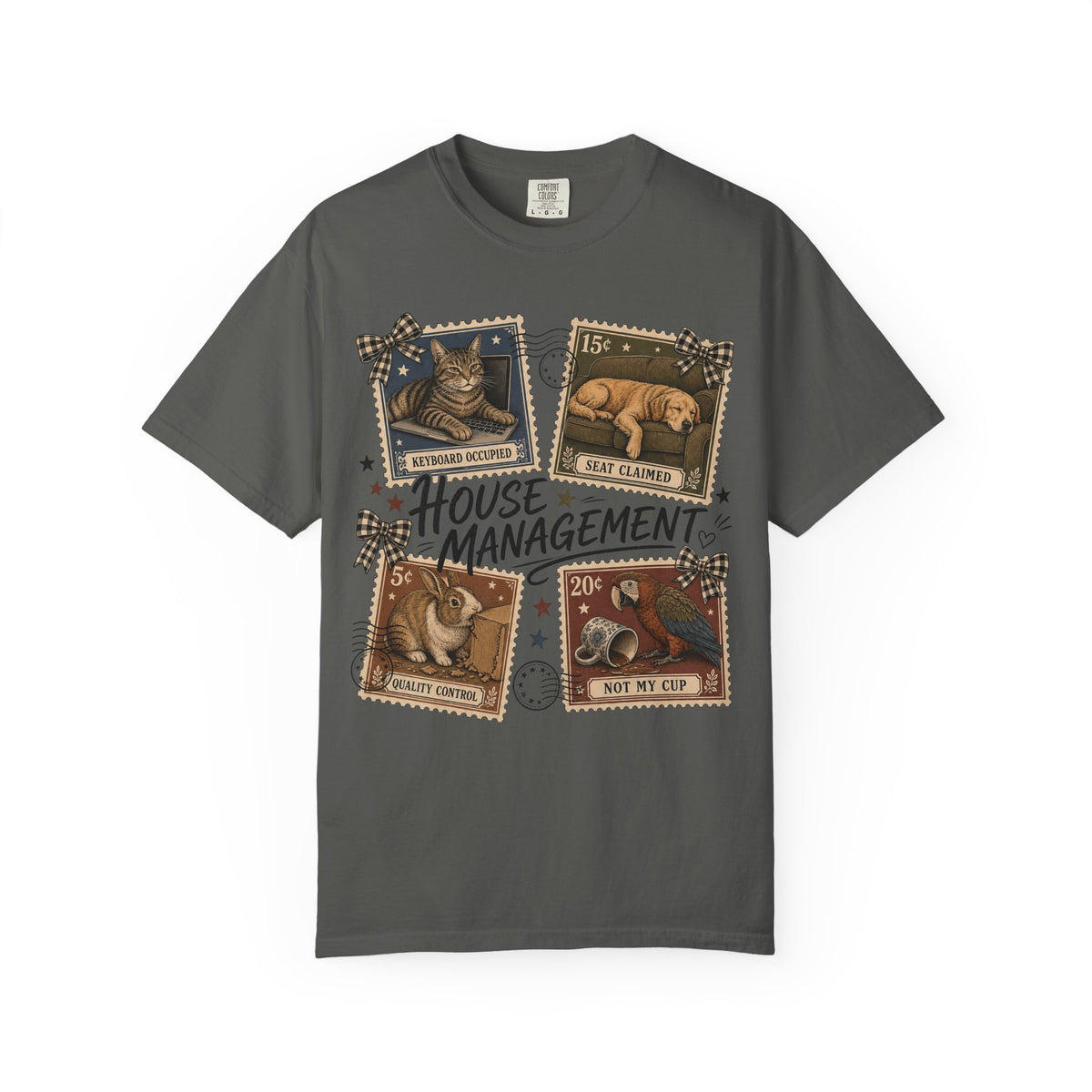 House Management Shirt, Funny Pet Tee, Vintage Stamp Cat Dog Bunny Parrot Shirt, Pet Mom Gift, Comfort Colors