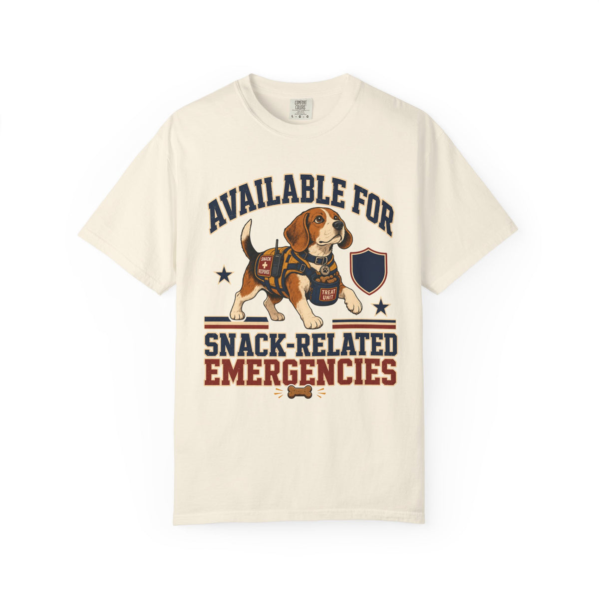 Available For Snack-Related Emergencies Shirt | Funny Beagle Comfort Colors Tee | Search & Rescue Dog Parody Shirt | Funny Dog Lover T-Shirt