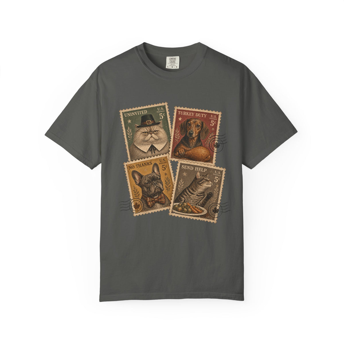 Funny Thanksgiving Pet Stamps Shirt, Vintage Postage Stamp Dog & Cat Tee, Retro Pilgrim Cat Dachshund Frenchie Comfort Colors Pet Lover Gift