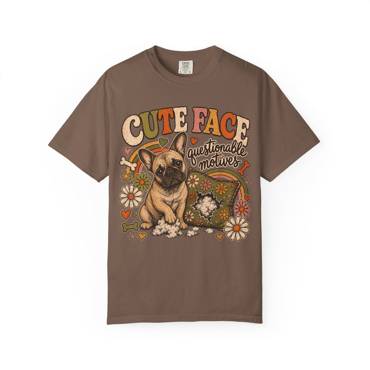 Cute Face Questionable Motives T-Shirt | Funny French Bulldog Shirt | Retro Frenchie Dog Lover Gift | Comfort Colors Unisex Tee