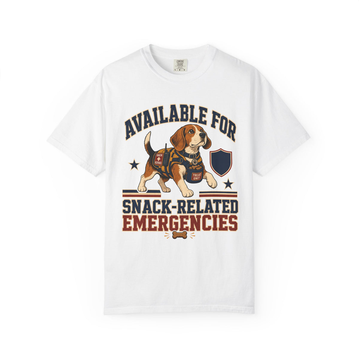 Available For Snack-Related Emergencies Shirt | Funny Beagle Comfort Colors Tee | Search & Rescue Dog Parody Shirt | Funny Dog Lover T-Shirt