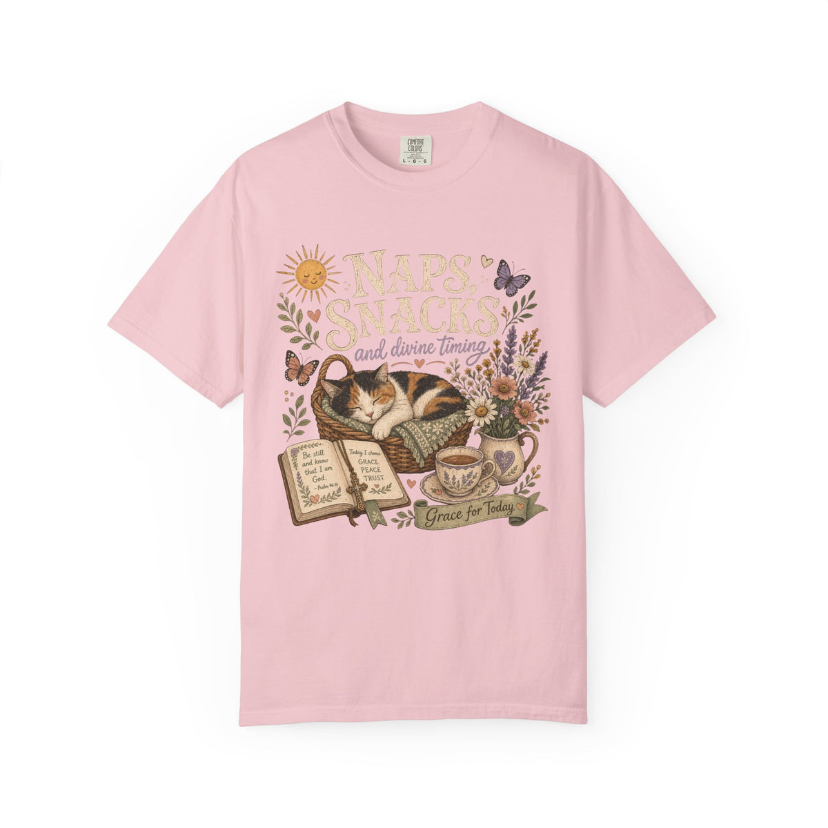 Naps, Snacks & Divine Timing T-Shirt — Cozy Cat Reading Graphic Tee