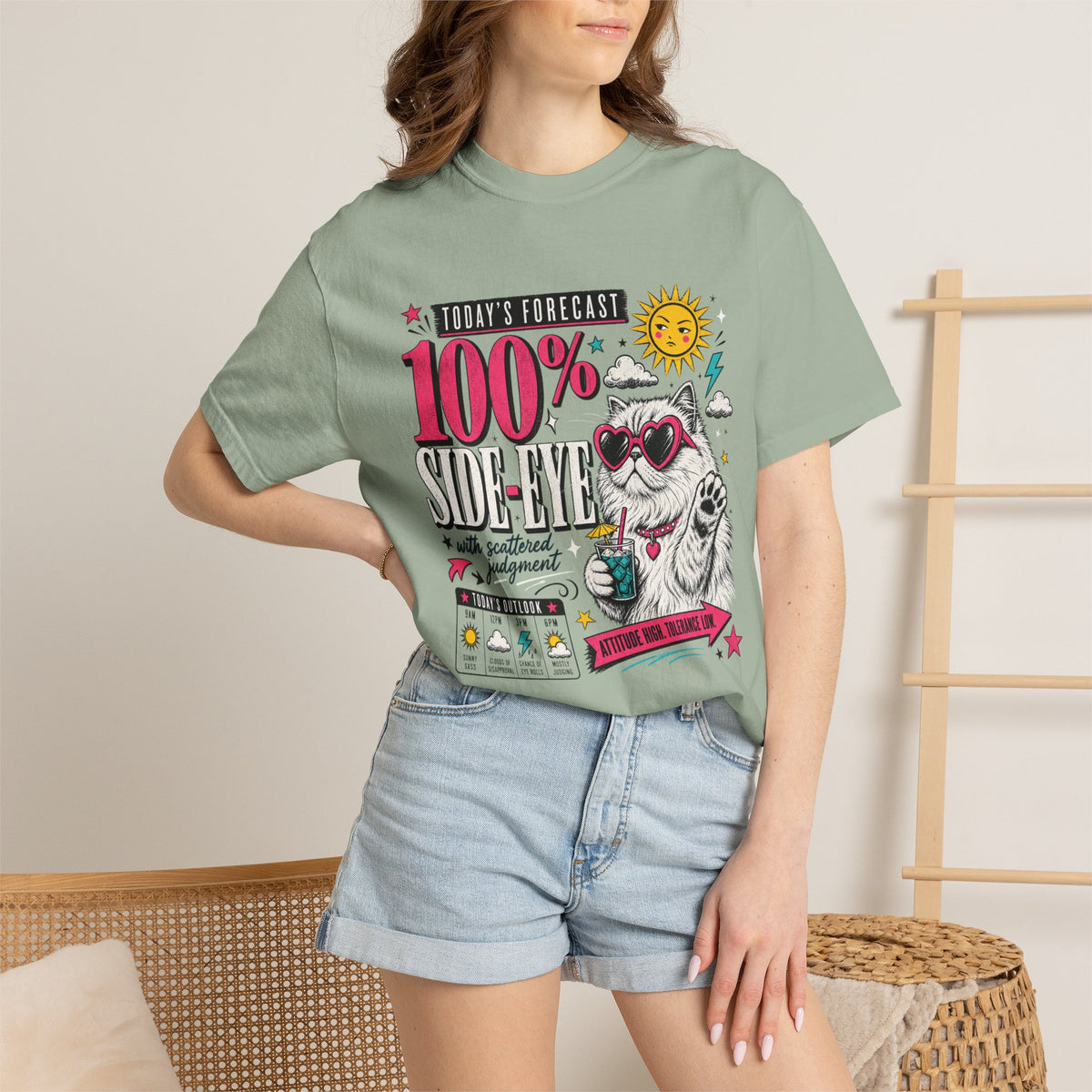 "Today's Forecast: 100% Side-Eye" Funny Cat T-Shirt | Comfort Colors 1717 | Sassy Cat Weather Meme Tee