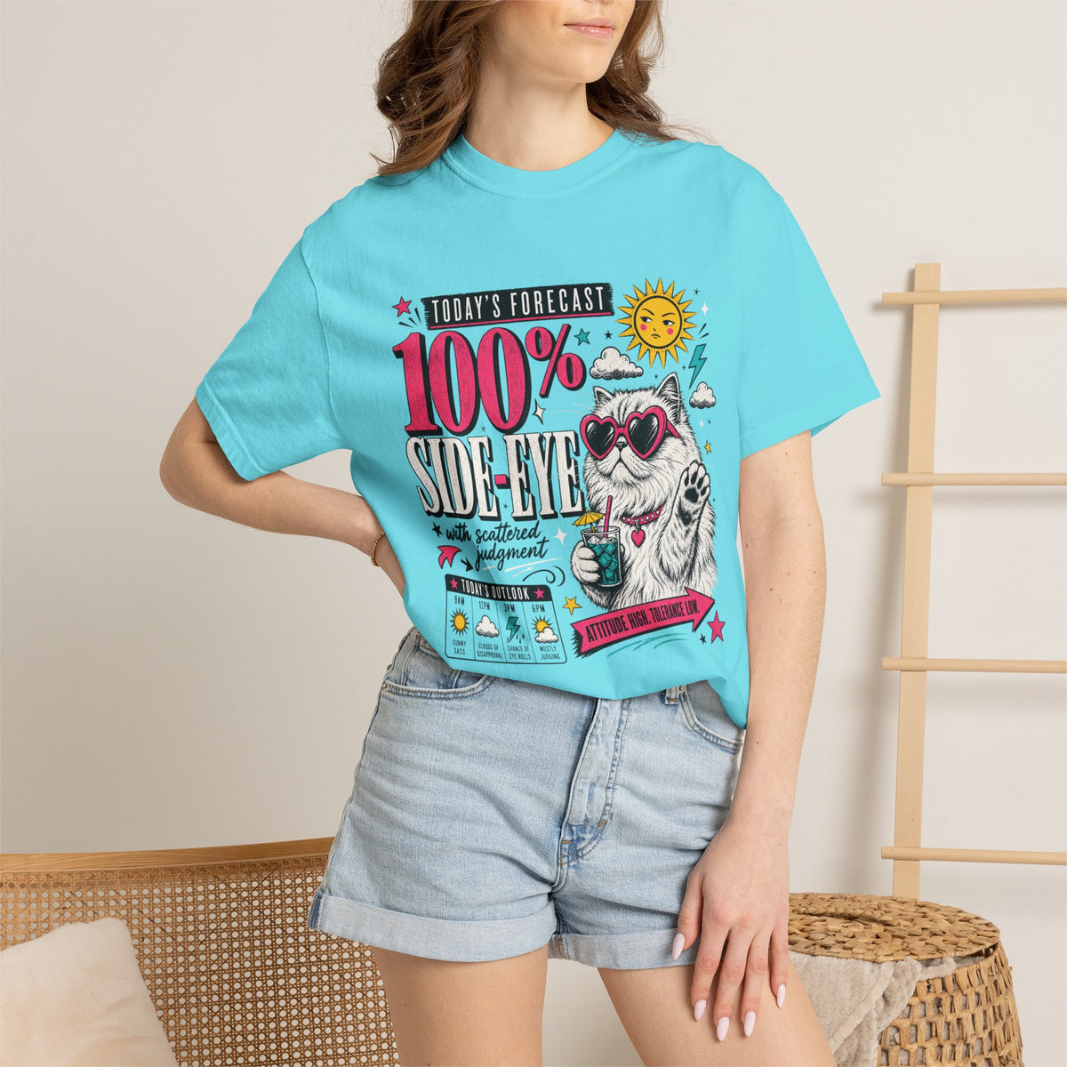 "Today's Forecast: 100% Side-Eye" Funny Cat T-Shirt | Comfort Colors 1717 | Sassy Cat Weather Meme Tee