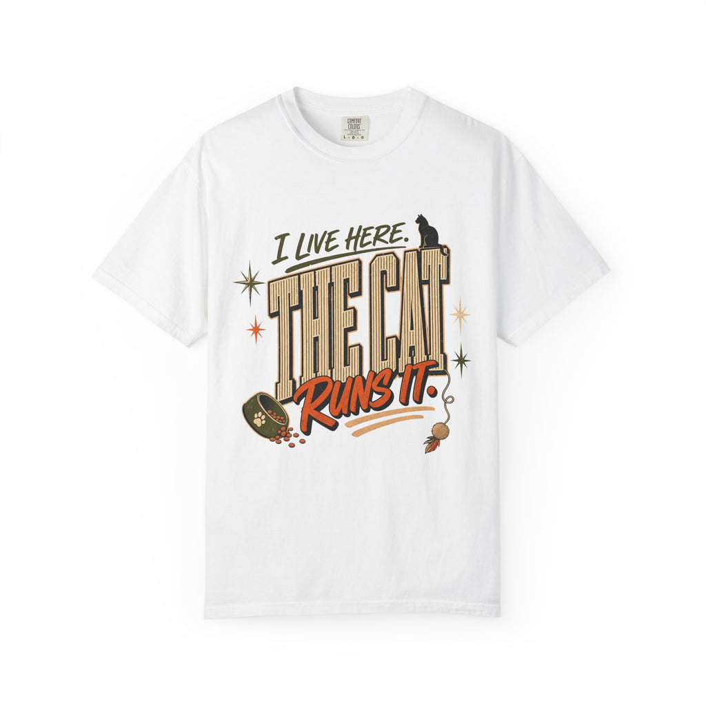 I Live Here The Cat Runs It Shirt, Funny Cat Mom Tee, Black Cat Lover Gift, Retro Cat Owner T-Shirt, Comfort Colors