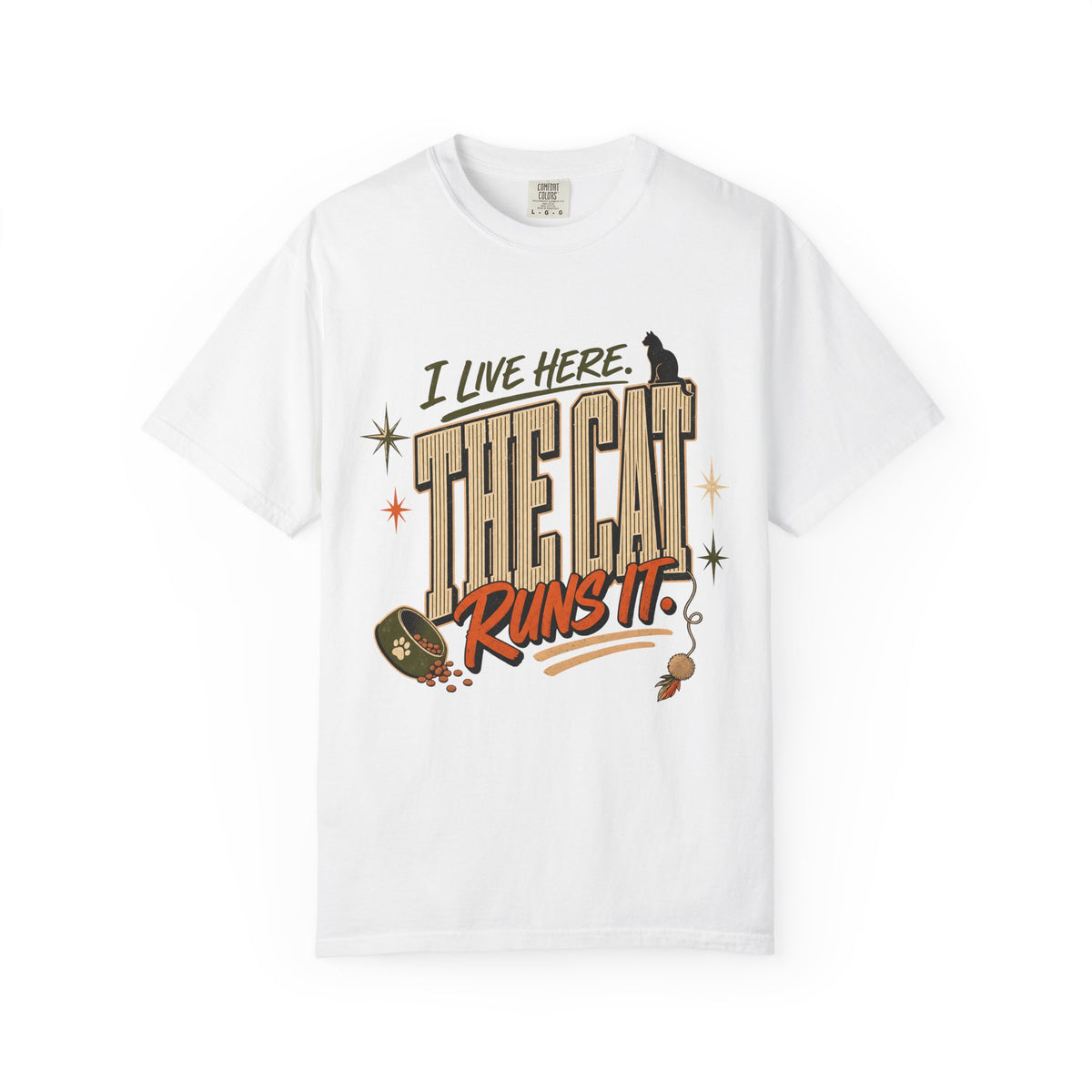 I Live Here The Cat Runs It Shirt, Funny Cat Mom Tee, Black Cat Lover Gift, Retro Cat Owner T-Shirt, Comfort Colors