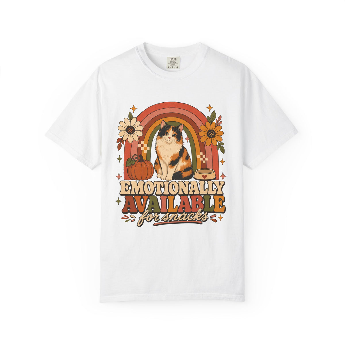 Emotionally Available For Snacks Funny Calico Cat Fall Shirt | Retro Rainbow Boho Cat Tee | Funny Cat Mom Fall Shirt
