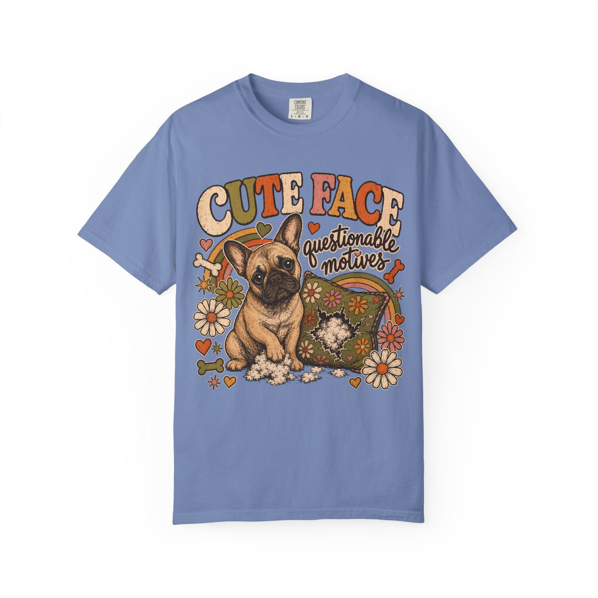 Cute Face Questionable Motives T-Shirt | Funny French Bulldog Shirt | Retro Frenchie Dog Lover Gift | Comfort Colors Unisex Tee