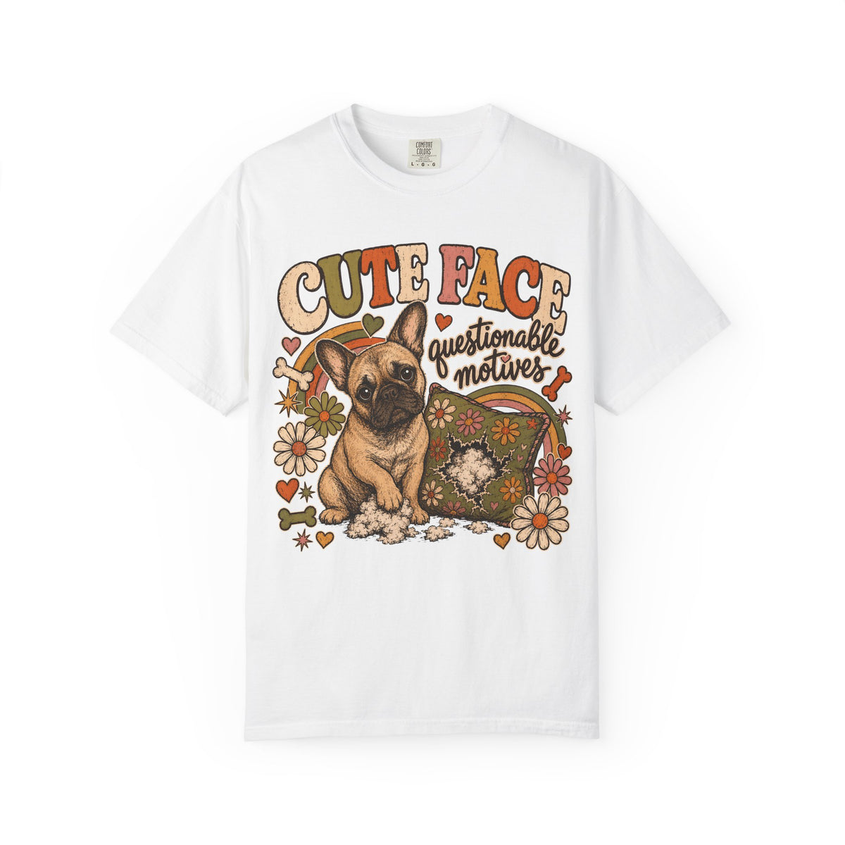 Cute Face Questionable Motives T-Shirt | Funny French Bulldog Shirt | Retro Frenchie Dog Lover Gift | Comfort Colors Unisex Tee