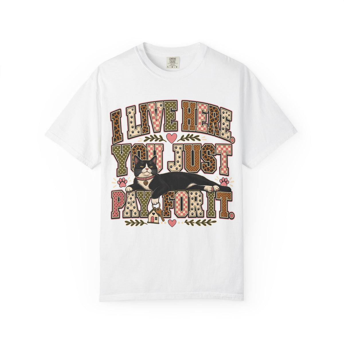 I Live Here You Just Pay For It Funny Tuxedo Cat T-Shirt