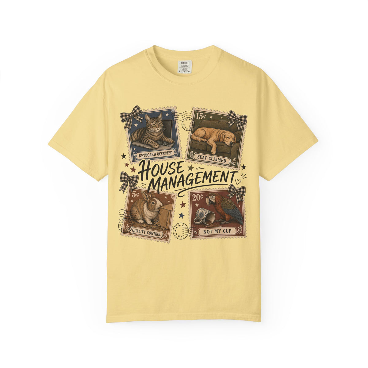 House Management Shirt, Funny Pet Tee, Vintage Stamp Cat Dog Bunny Parrot Shirt, Pet Mom Gift, Comfort Colors
