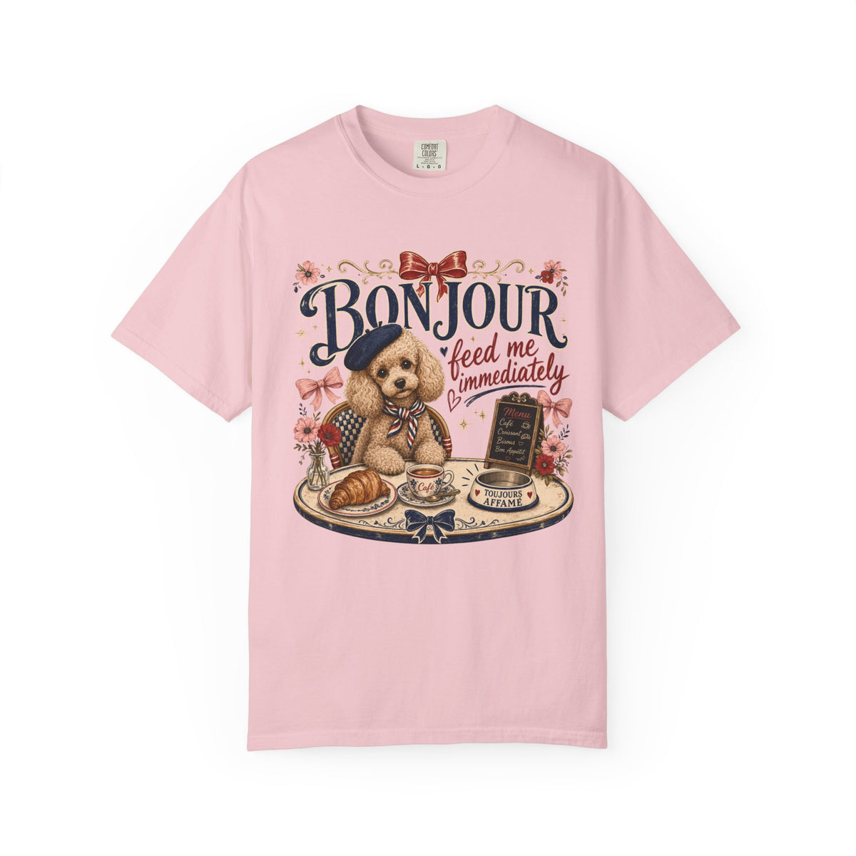 Bonjour Puppy Café T-Shirt — "Bonjour feed me immediately" Cute French Dog Tee
