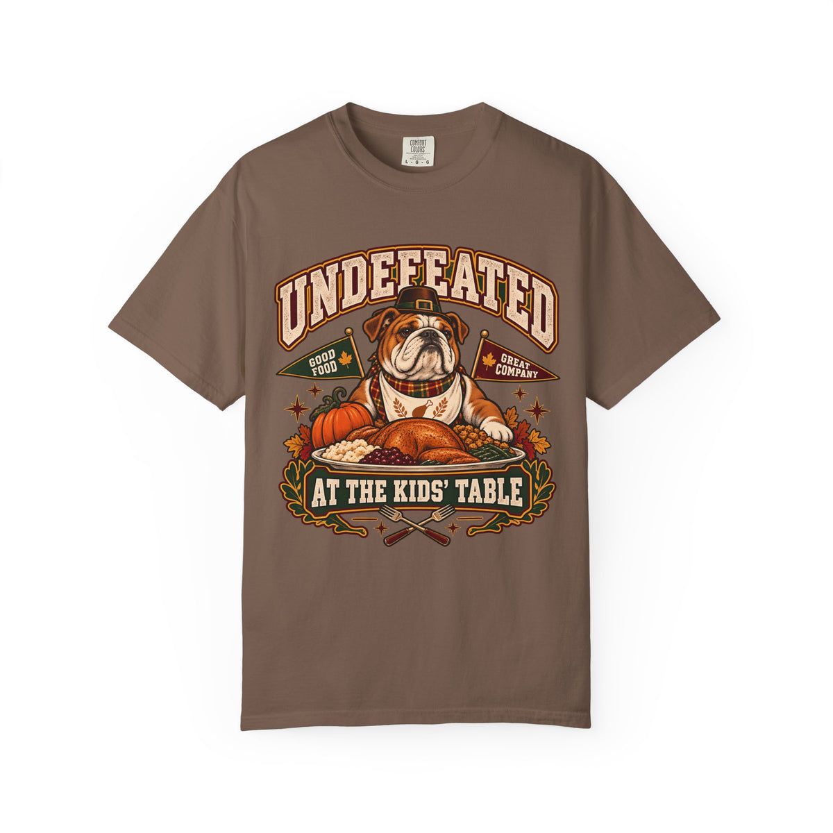 Undefeated at the Kids' Table Funny Thanksgiving T-Shirt | Vintage Bulldog Family Dinner Tee | Comfort Colors 1717 Garment-Dyed Unisex Shirt | Dog Lover Gift
