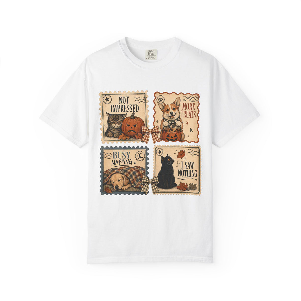 Not Impressed More Treats I Saw Nothing Vintage Postage Stamp Halloween Shirt | Funny Cat & Dog Halloween Tee | Cat Mom Dog Mom Fall Shirt