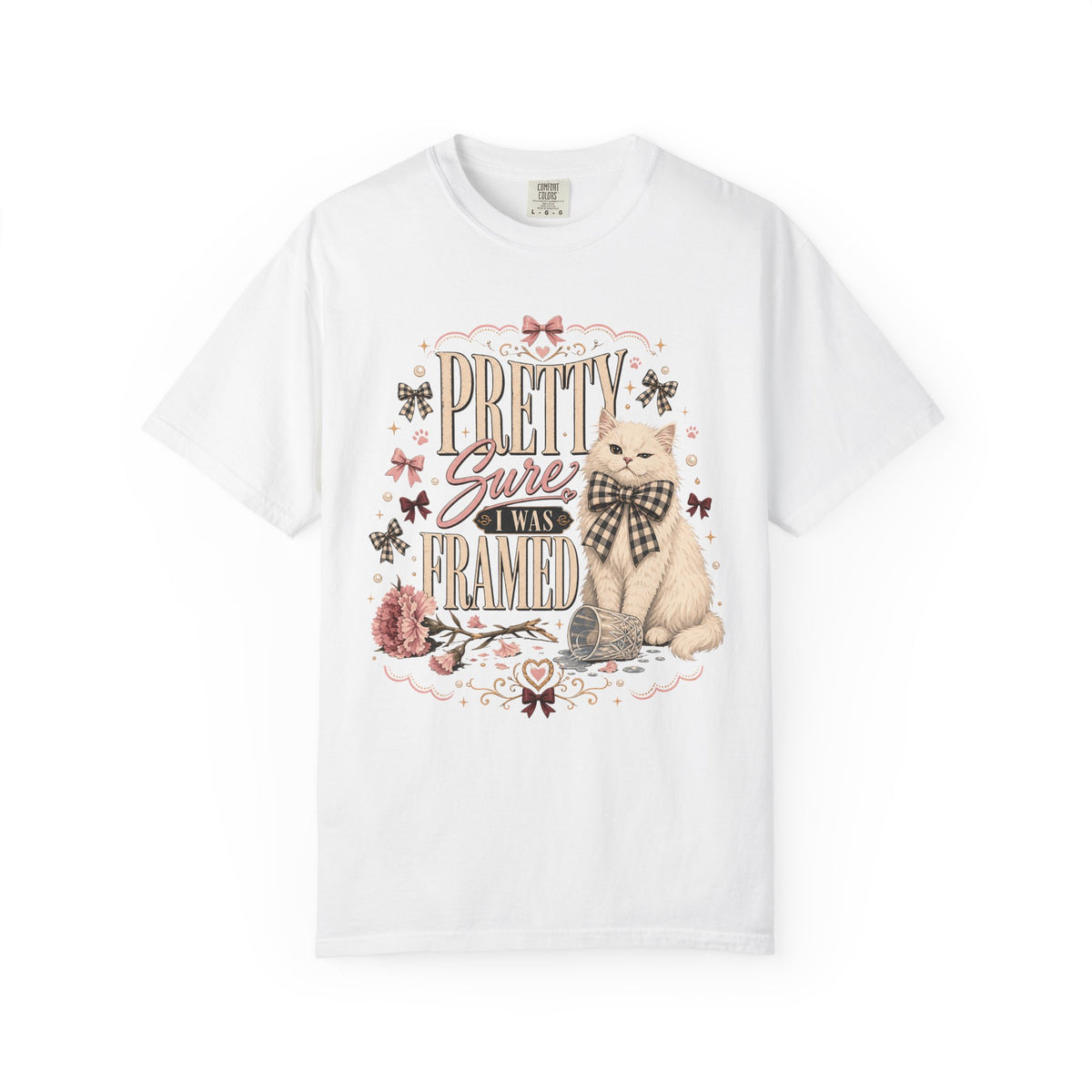 Pretty Sure I Was Framed Shirt, Funny White Cat T-Shirt, Coquette Cat Lover Gift, Cottagecore Cat Shirt, Trendy Bow Cat Graphic Tee