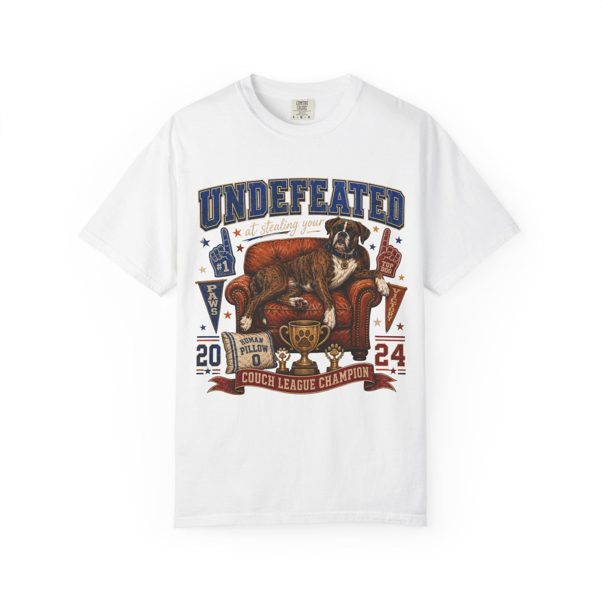 Undefeated Couch League Champion T-Shirt — Retro Dog & Trophy Graphic
