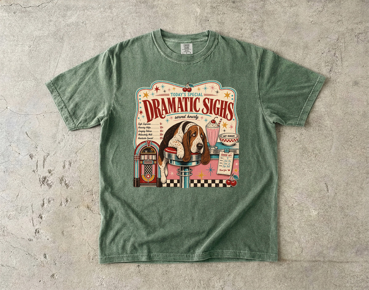 Retro Diner Dog T-Shirt — "Dramatic Sighs" Vintage Pet Graphic Tee