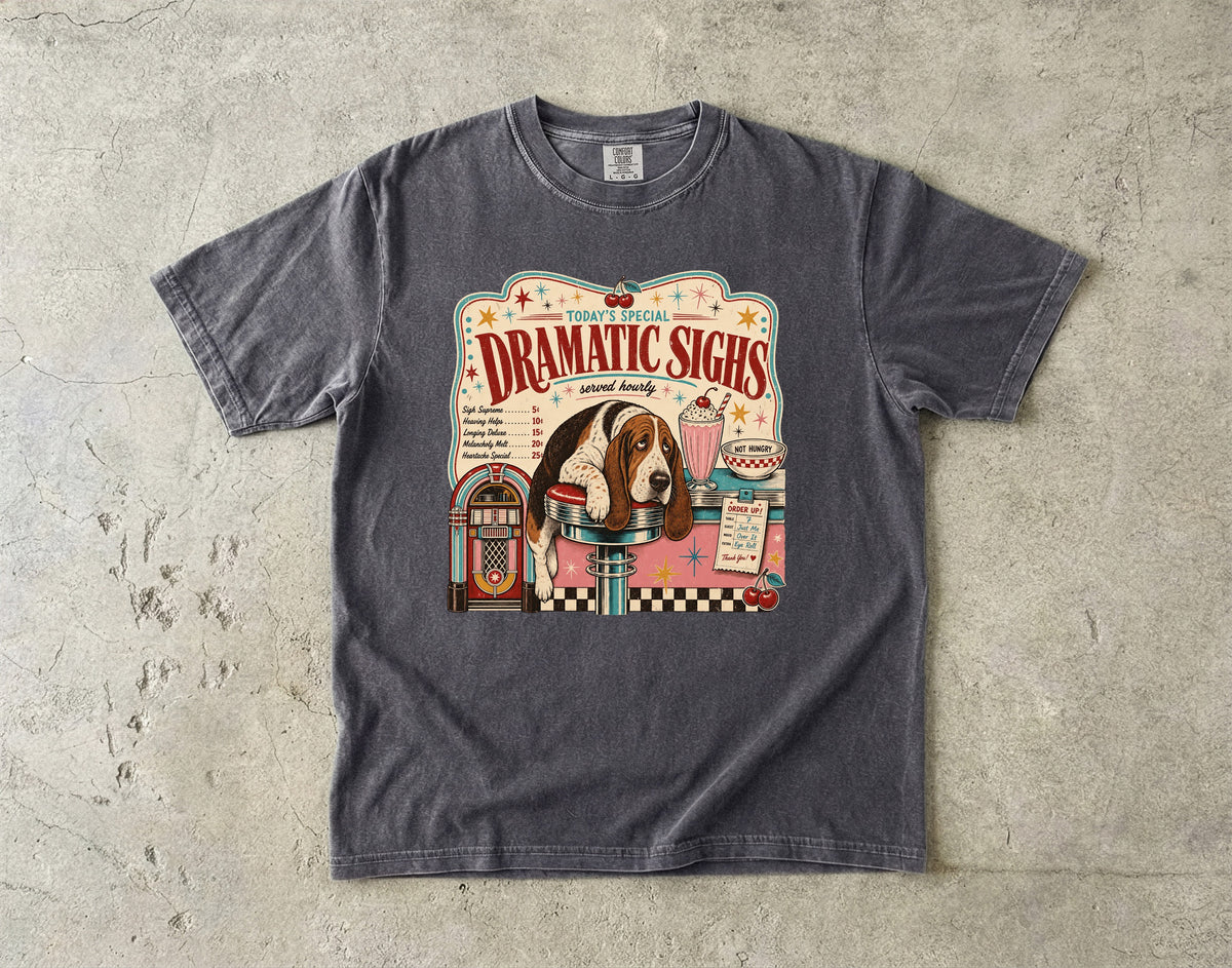 Retro Diner Dog T-Shirt — "Dramatic Sighs" Vintage Pet Graphic Tee