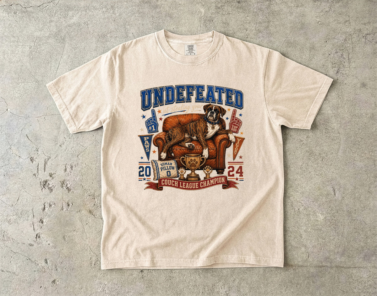 Undefeated Couch League Champion T-Shirt — Retro Dog & Trophy Graphic