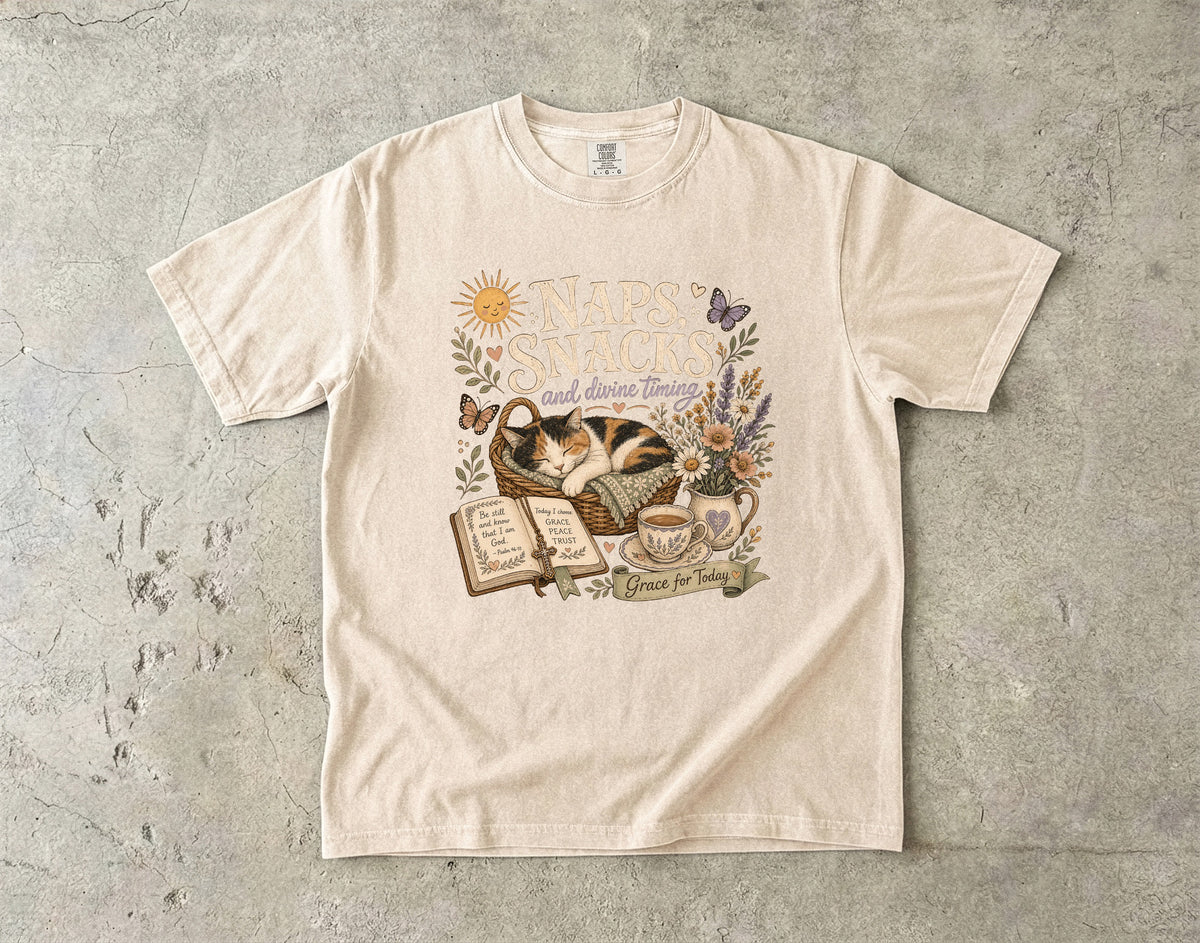 Naps, Snacks & Divine Timing T-Shirt — Cozy Cat Reading Graphic Tee
