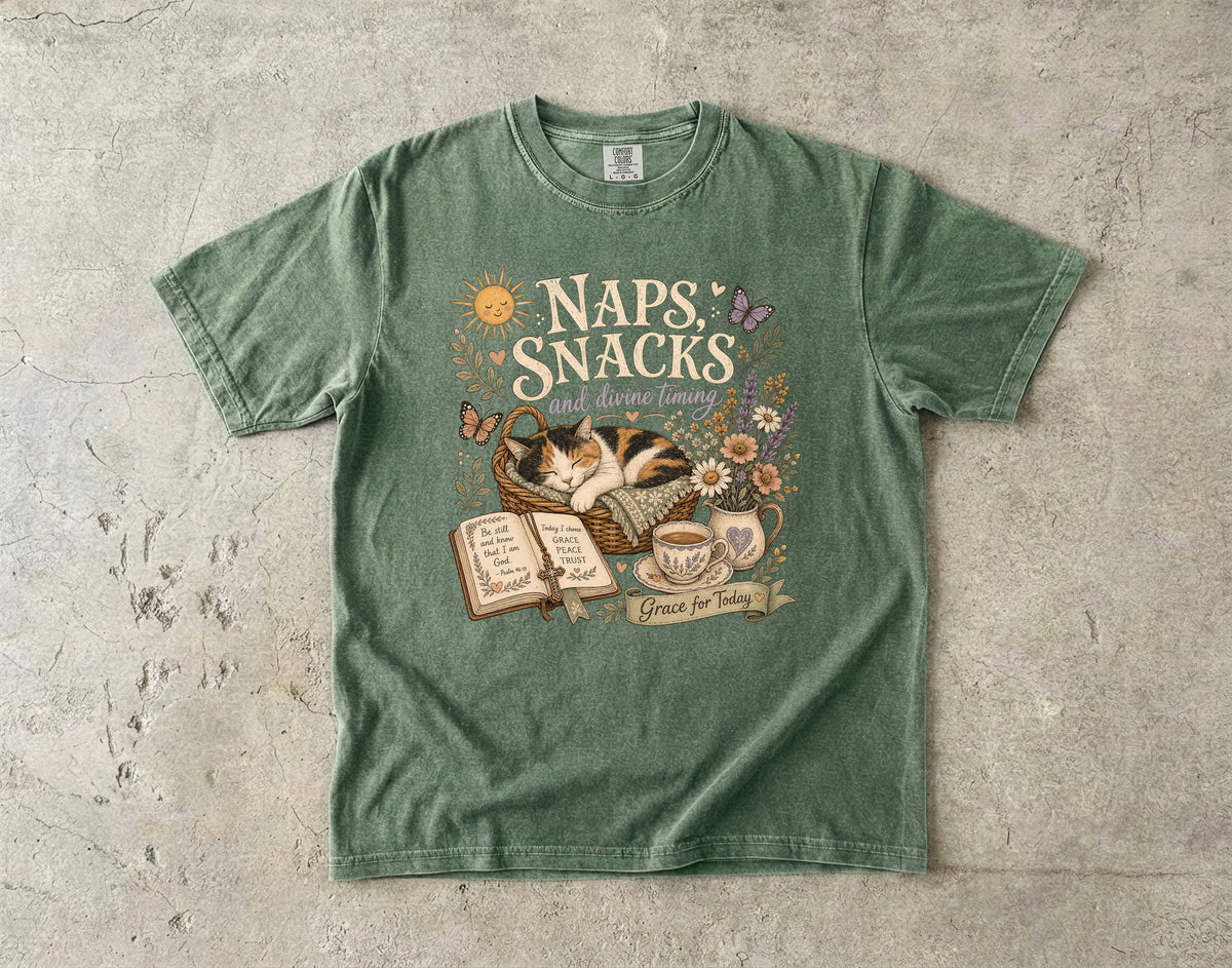 Naps, Snacks & Divine Timing T-Shirt — Cozy Cat Reading Graphic Tee