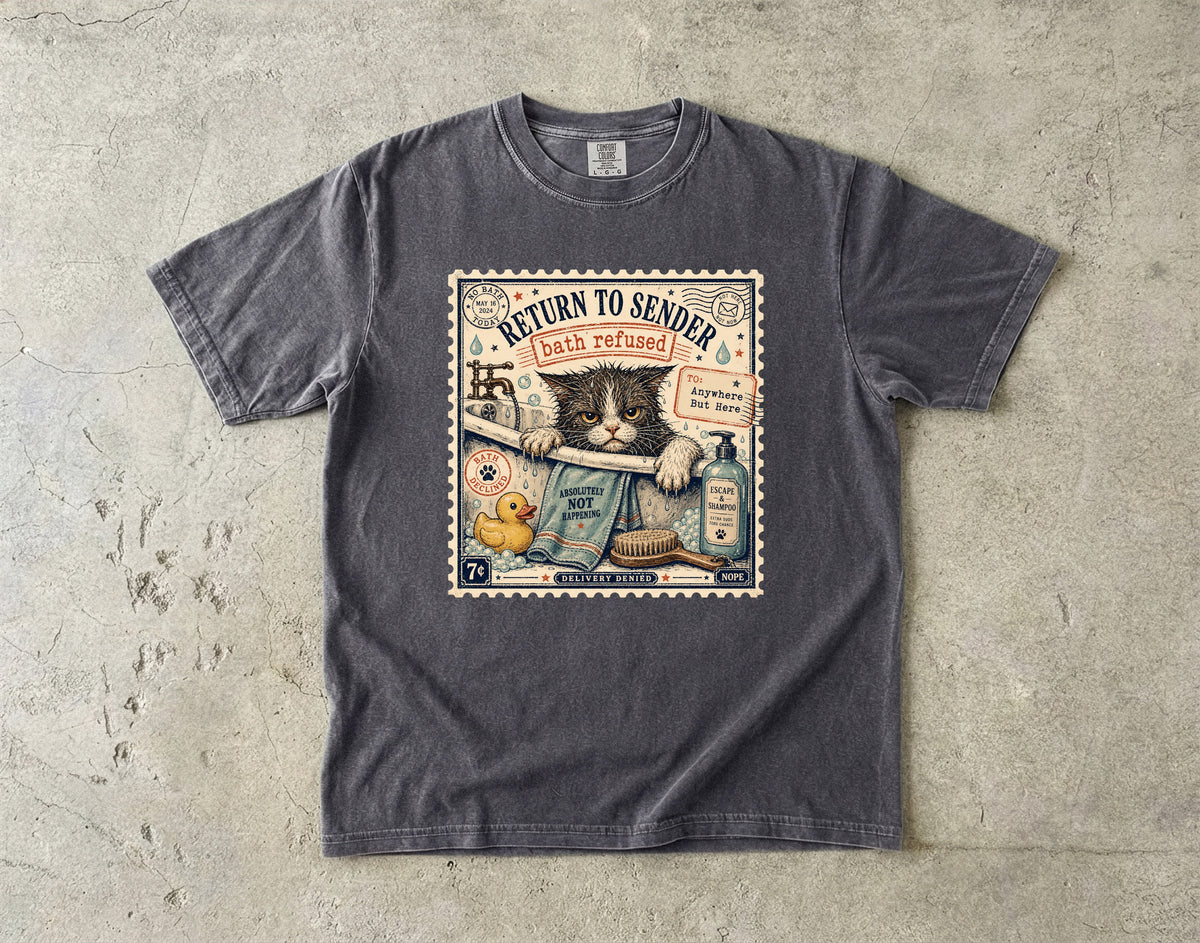 Cat 'Return to Sender - Bath Refused' Vintage Graphic T-Shirt