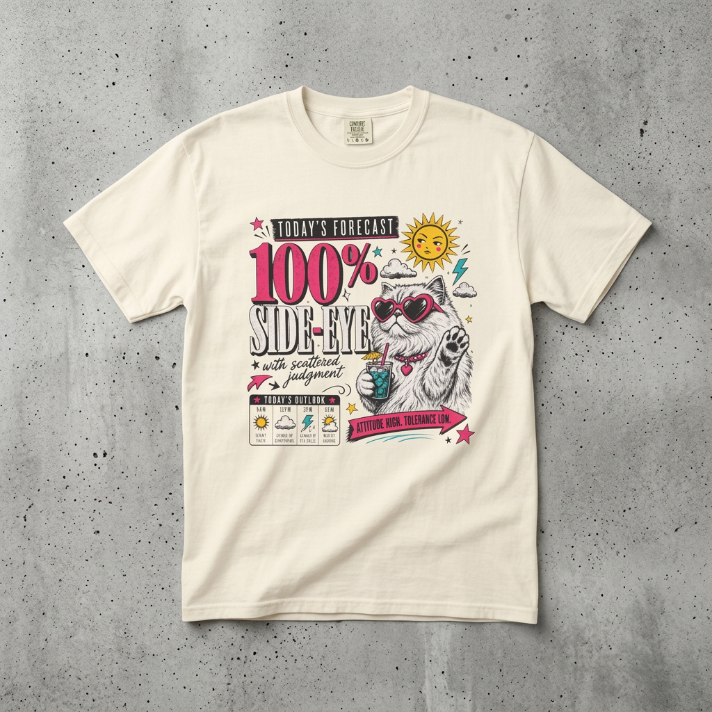 "Today's Forecast: 100% Side-Eye" Funny Cat T-Shirt | Comfort Colors 1717 | Sassy Cat Weather Meme Tee