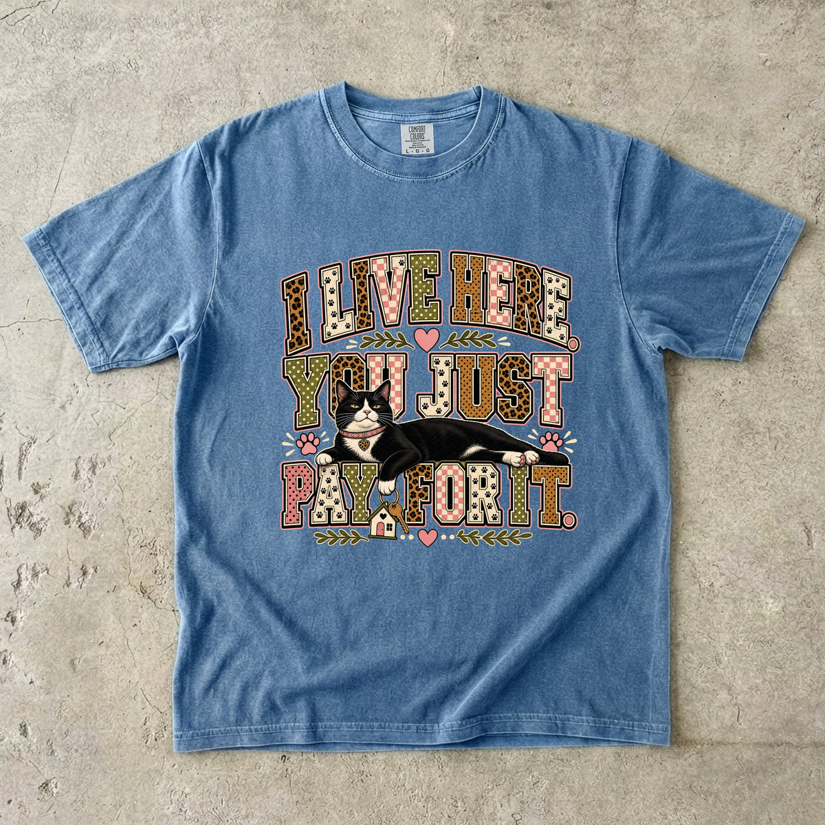 I Live Here You Just Pay For It Funny Tuxedo Cat T-Shirt