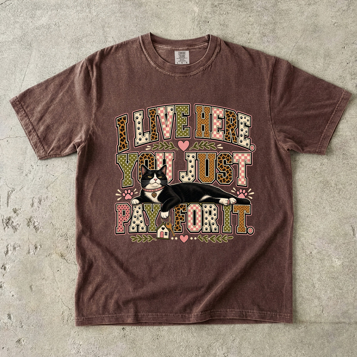 I Live Here You Just Pay For It Funny Tuxedo Cat T-Shirt