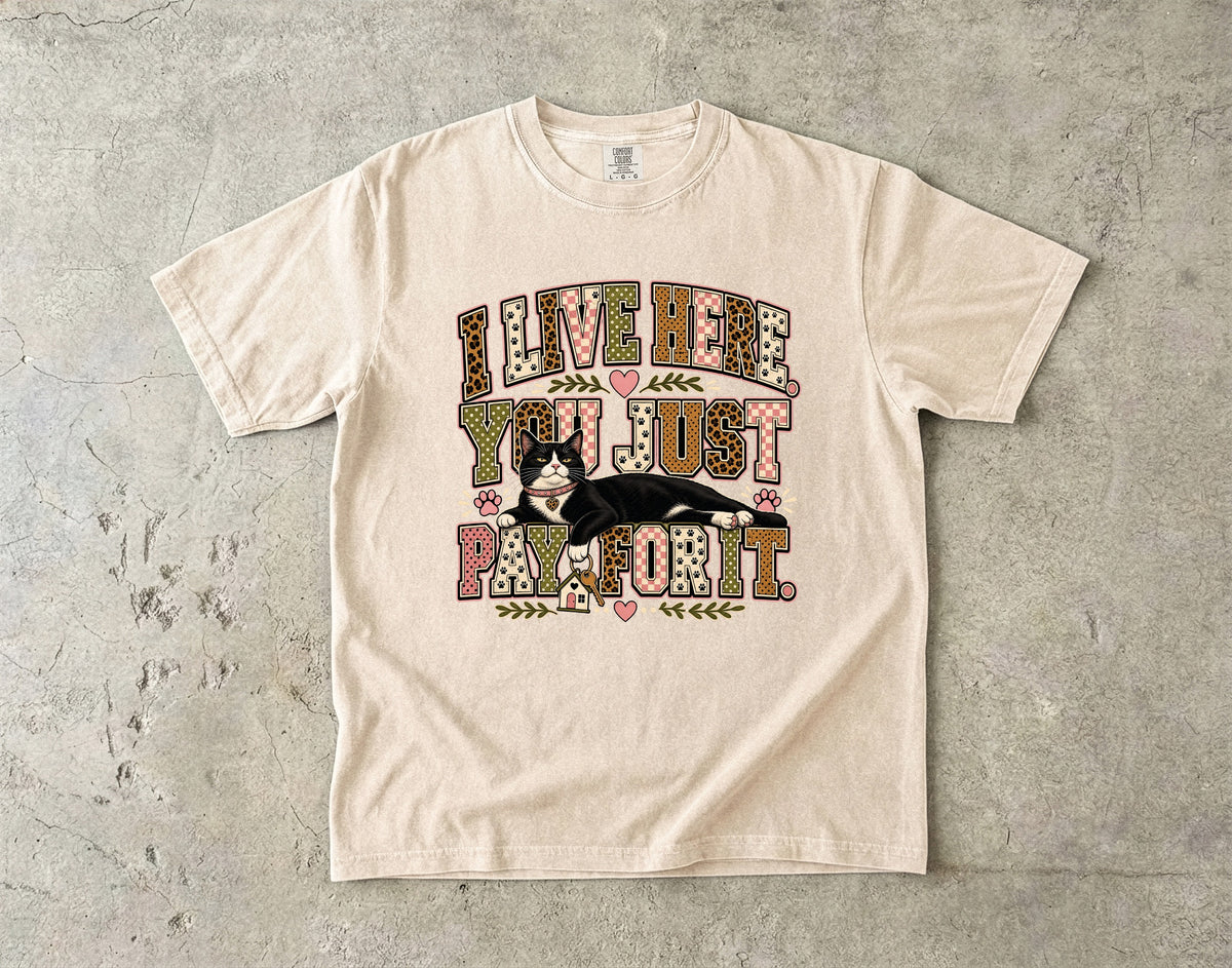 I Live Here You Just Pay For It Funny Tuxedo Cat T-Shirt