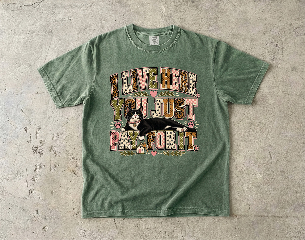 I Live Here You Just Pay For It Funny Tuxedo Cat T-Shirt