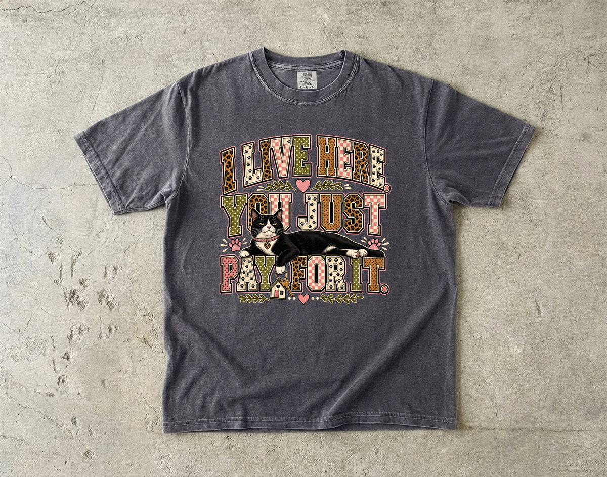 I Live Here You Just Pay For It Funny Tuxedo Cat T-Shirt