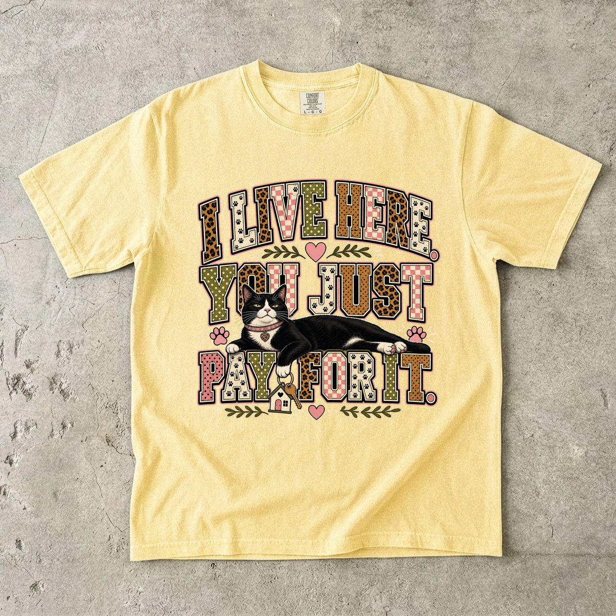 I Live Here You Just Pay For It Funny Tuxedo Cat T-Shirt
