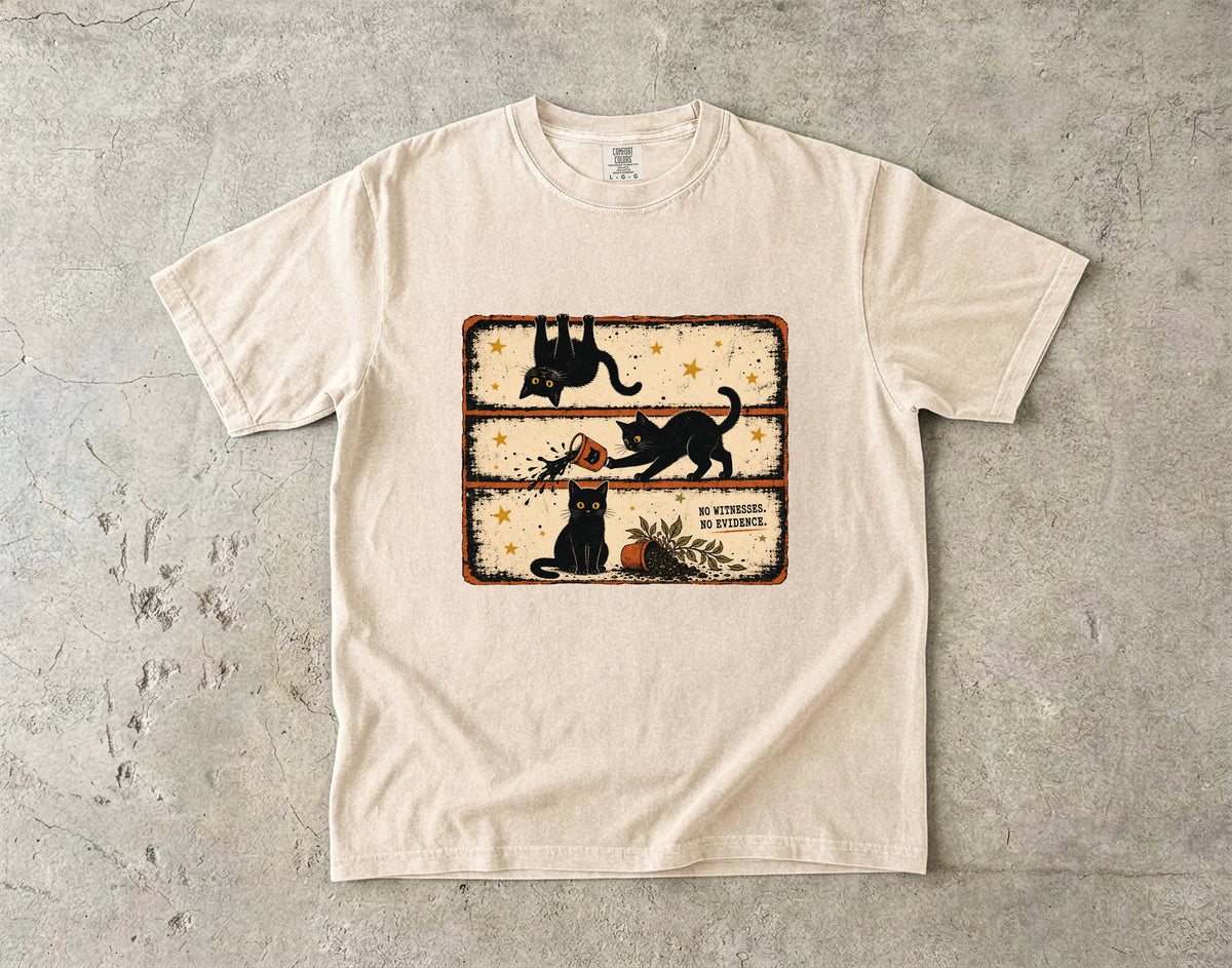 No Witnesses No Evidence Funny Black Cat Graphic T-Shirt