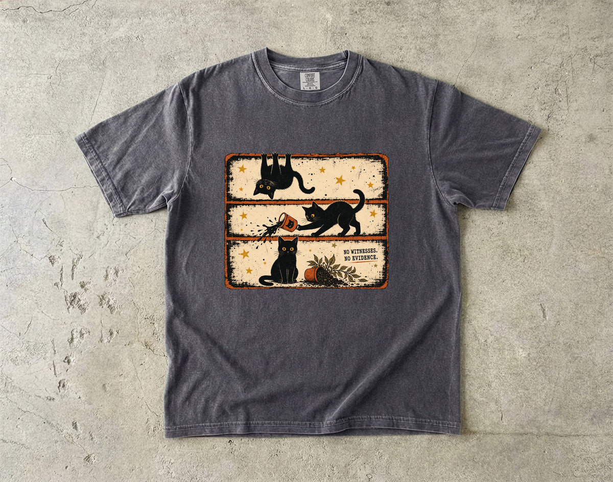 No Witnesses No Evidence Funny Black Cat Graphic T-Shirt