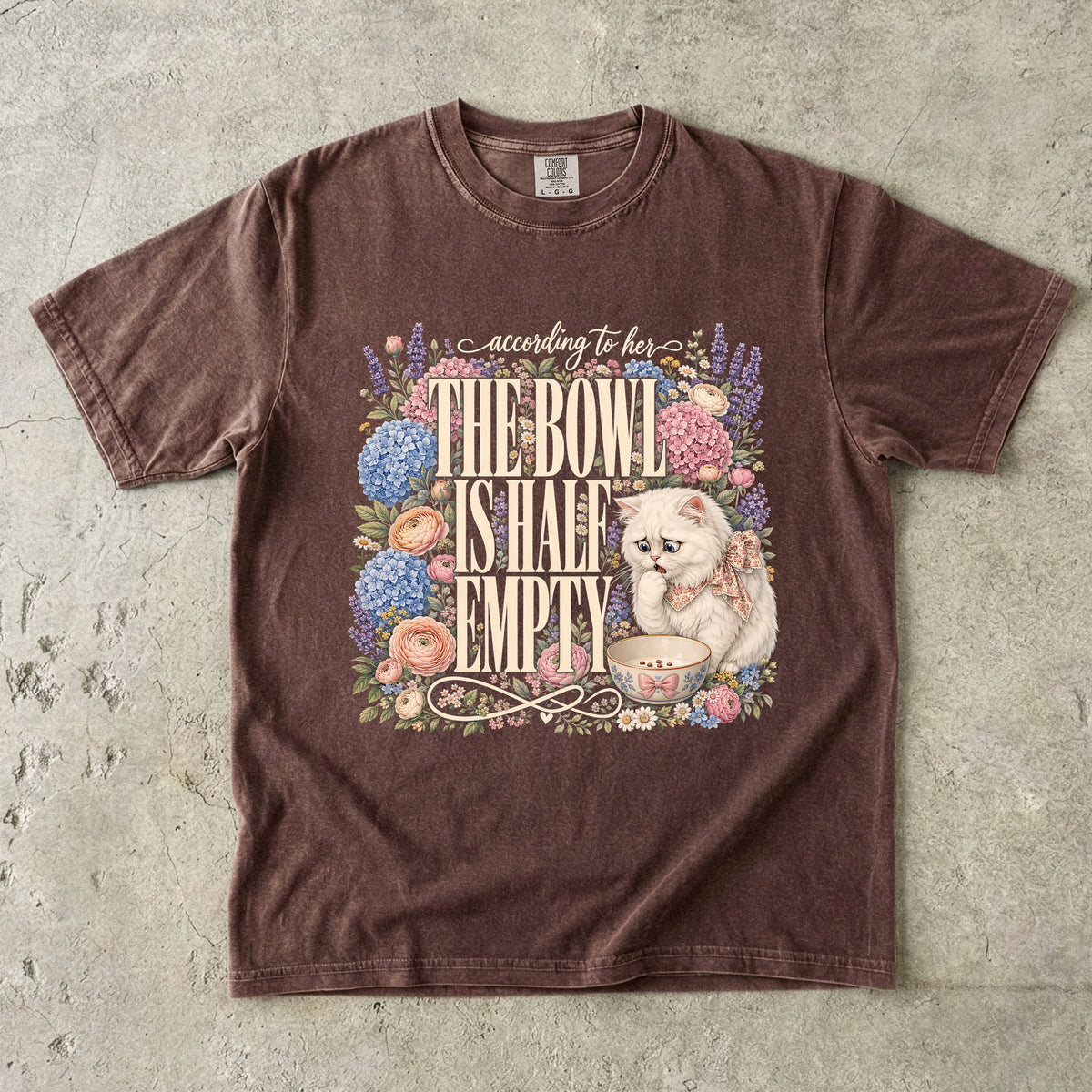 According To Her The Bowl Is Half Empty Funny Cat T-Shirt