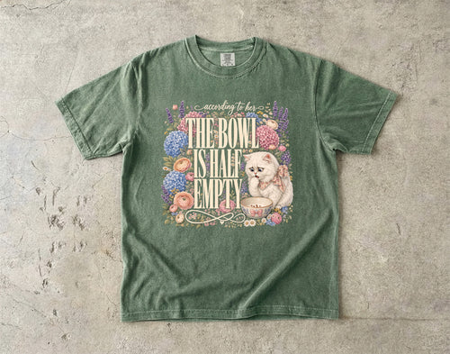 According To Her The Bowl Is Half Empty Funny Cat T-Shirt