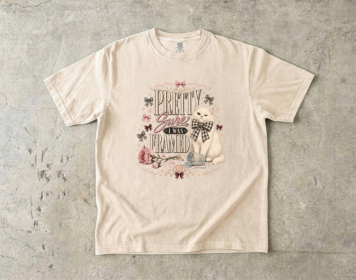Pretty Sure I Was Framed Shirt, Funny White Cat T-Shirt, Coquette Cat Lover Gift, Cottagecore Cat Shirt, Trendy Bow Cat Graphic Tee