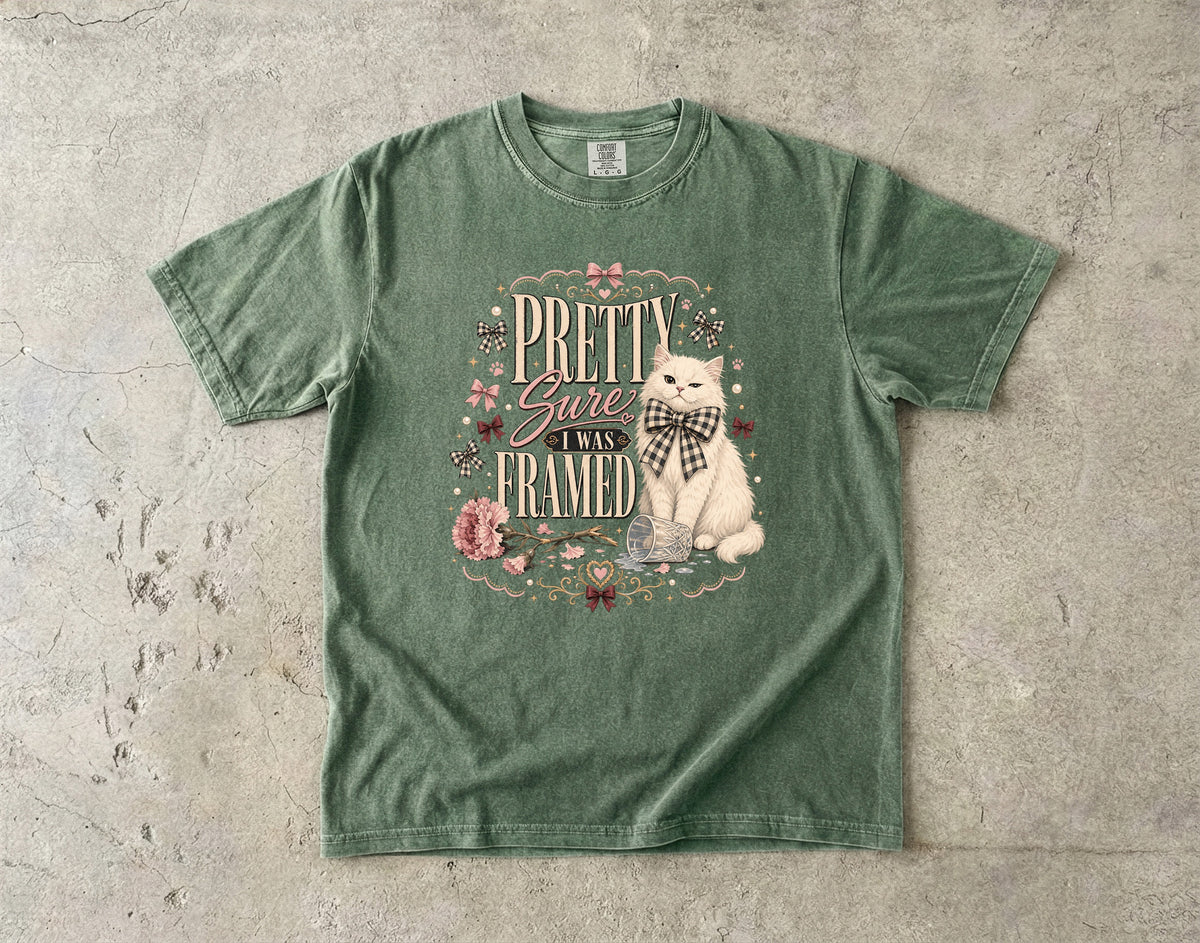 Pretty Sure I Was Framed Shirt, Funny White Cat T-Shirt, Coquette Cat Lover Gift, Cottagecore Cat Shirt, Trendy Bow Cat Graphic Tee