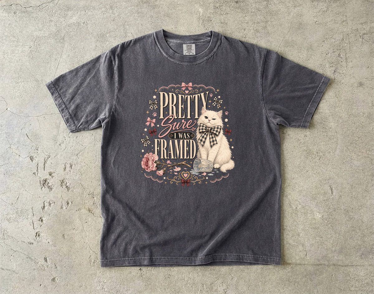 Pretty Sure I Was Framed Shirt, Funny White Cat T-Shirt, Coquette Cat Lover Gift, Cottagecore Cat Shirt, Trendy Bow Cat Graphic Tee