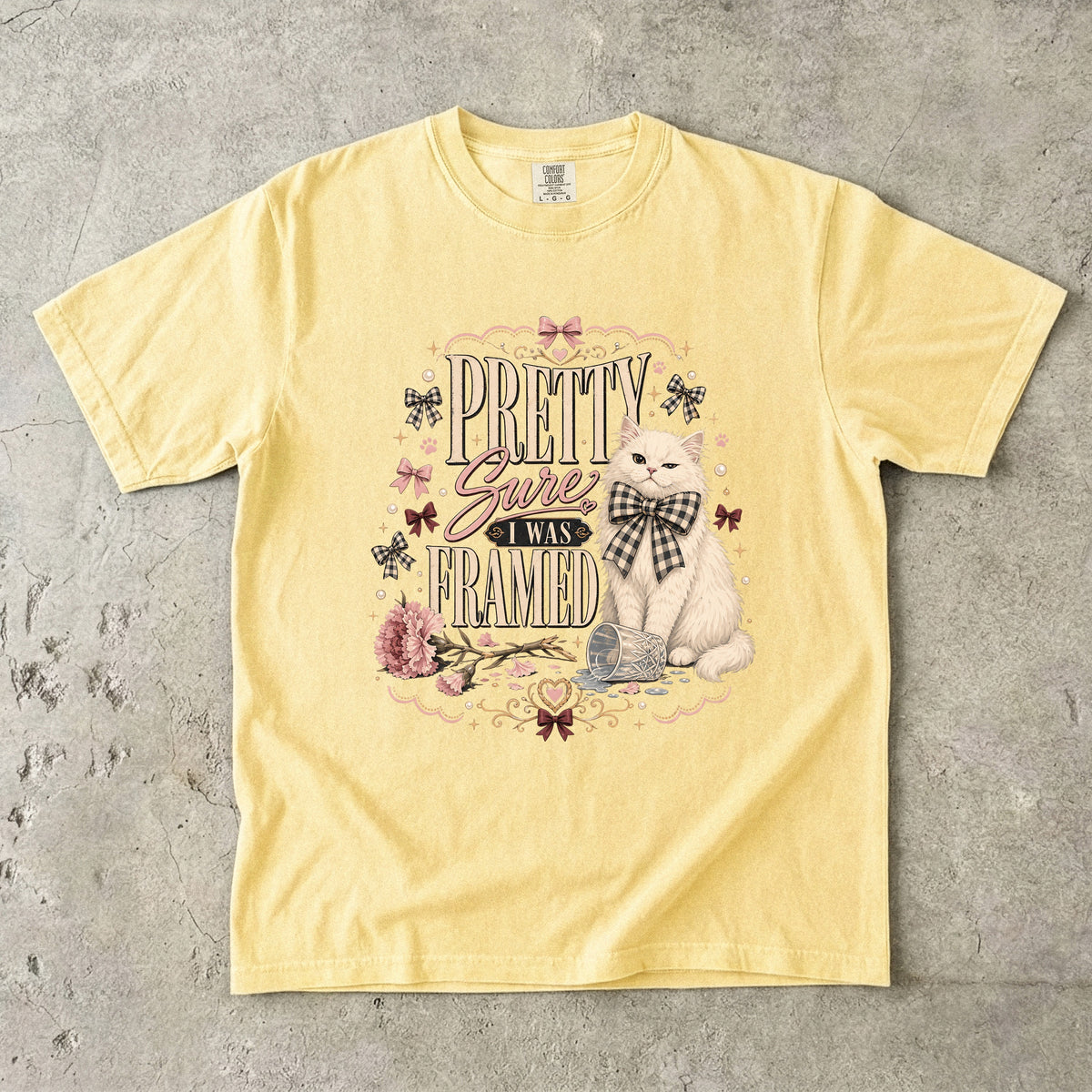 Pretty Sure I Was Framed Shirt, Funny White Cat T-Shirt, Coquette Cat Lover Gift, Cottagecore Cat Shirt, Trendy Bow Cat Graphic Tee