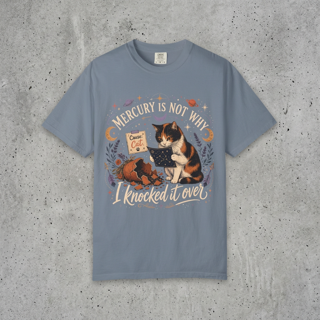 Mercury Is Not Why I Knocked It Over T-Shirt | Funny Cat Astrology Shirt | Calico Cat Lover Gift | Comfort Colors Unisex Tee