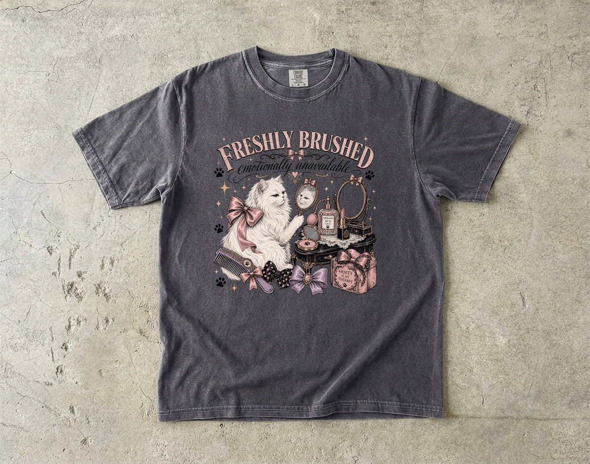 Freshly Brushed Emotionally Unavailable T-Shirt | Funny White Cat Shirt | Vanity Aesthetic Cat Lover Gift | Comfort Colors Unisex Tee