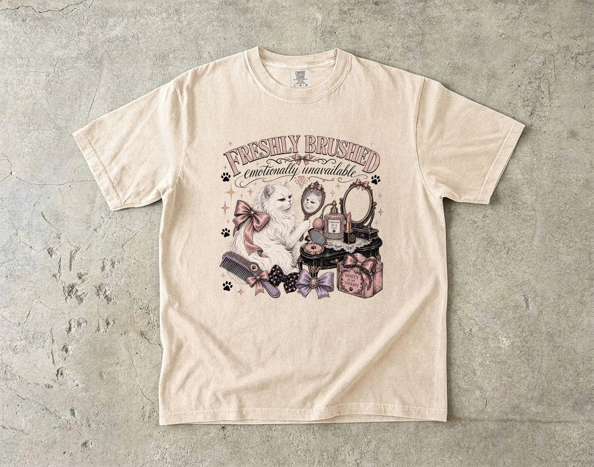 Freshly Brushed Emotionally Unavailable T-Shirt | Funny White Cat Shirt | Vanity Aesthetic Cat Lover Gift | Comfort Colors Unisex Tee