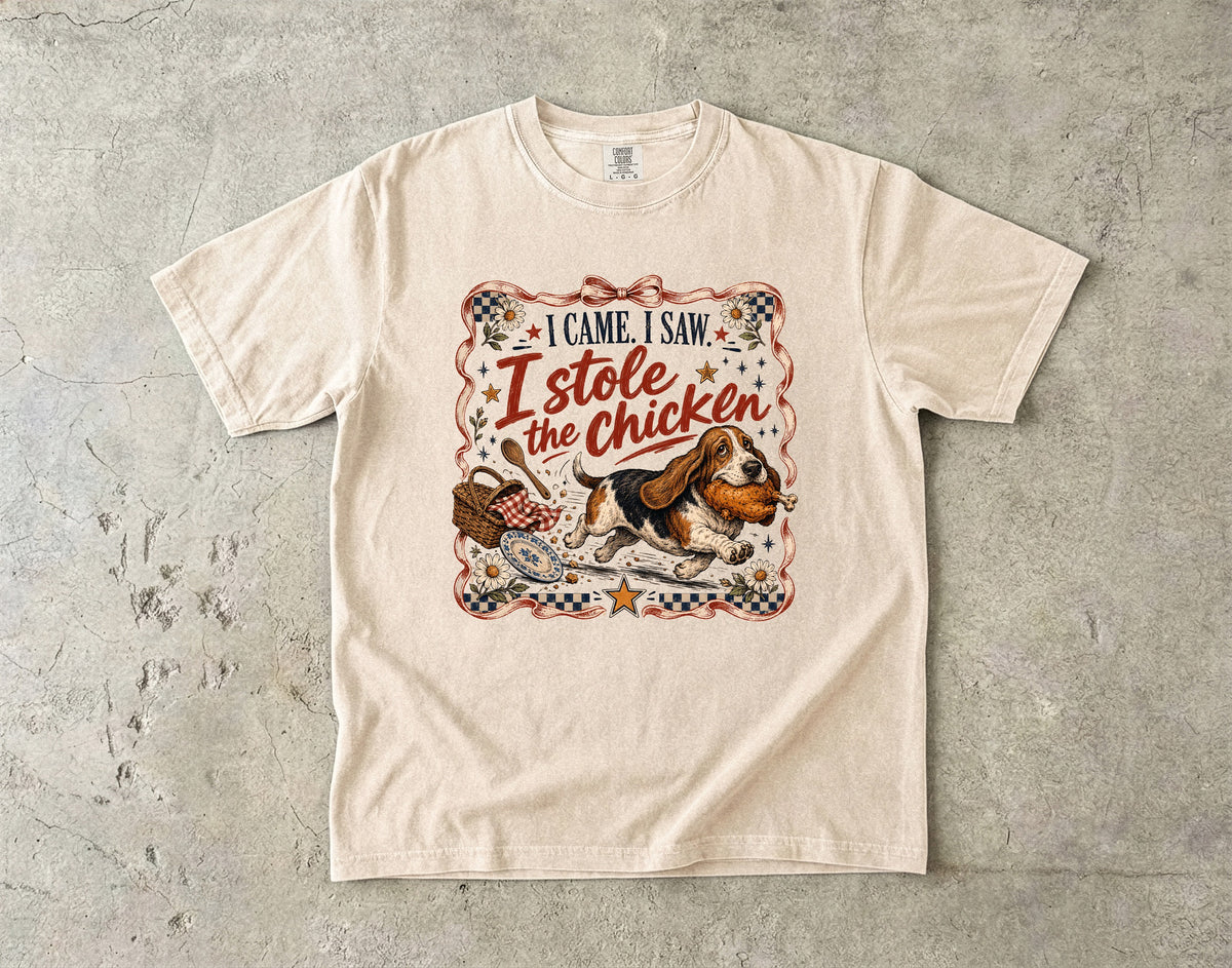 I Came I Saw I Stole the Chicken T-Shirt | Funny Basset Hound Shirt | Dog Lover Picnic Gift | Comfort Colors Unisex Tee