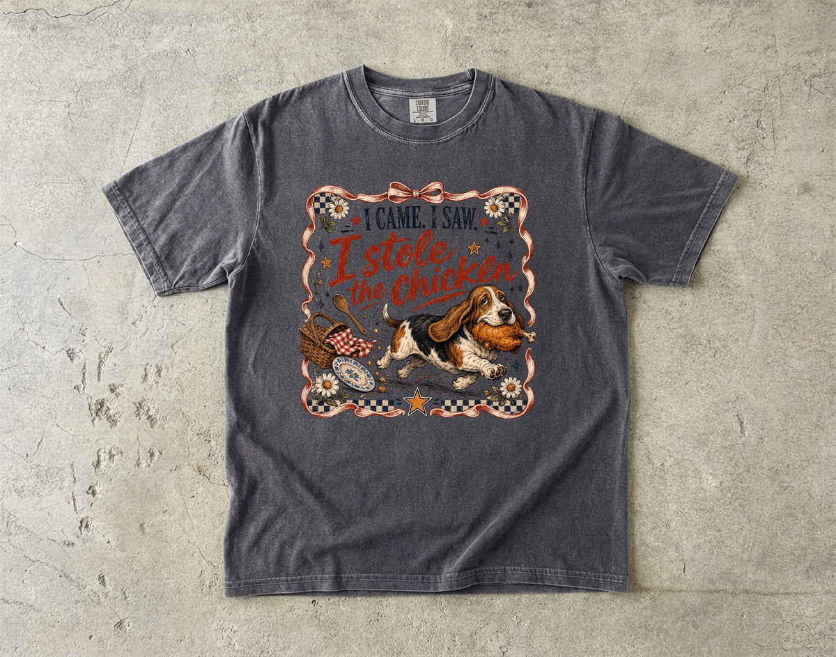 I Came I Saw I Stole the Chicken T-Shirt | Funny Basset Hound Shirt | Dog Lover Picnic Gift | Comfort Colors Unisex Tee