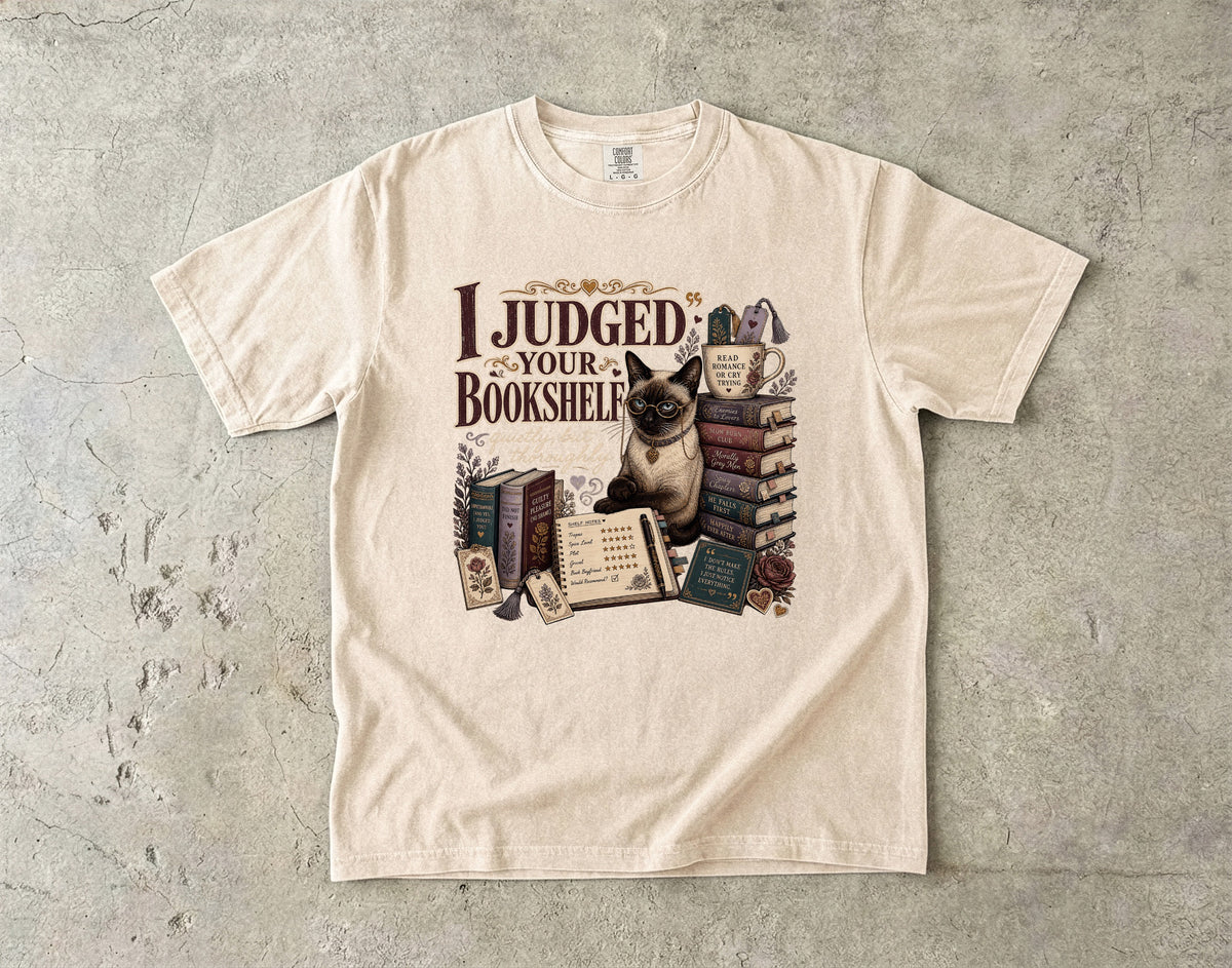 I Judged Your Bookshelf T-Shirt | Funny Siamese Cat Book Lover Shirt | Bookish Cat Gift for Readers | Comfort Colors Unisex Tee