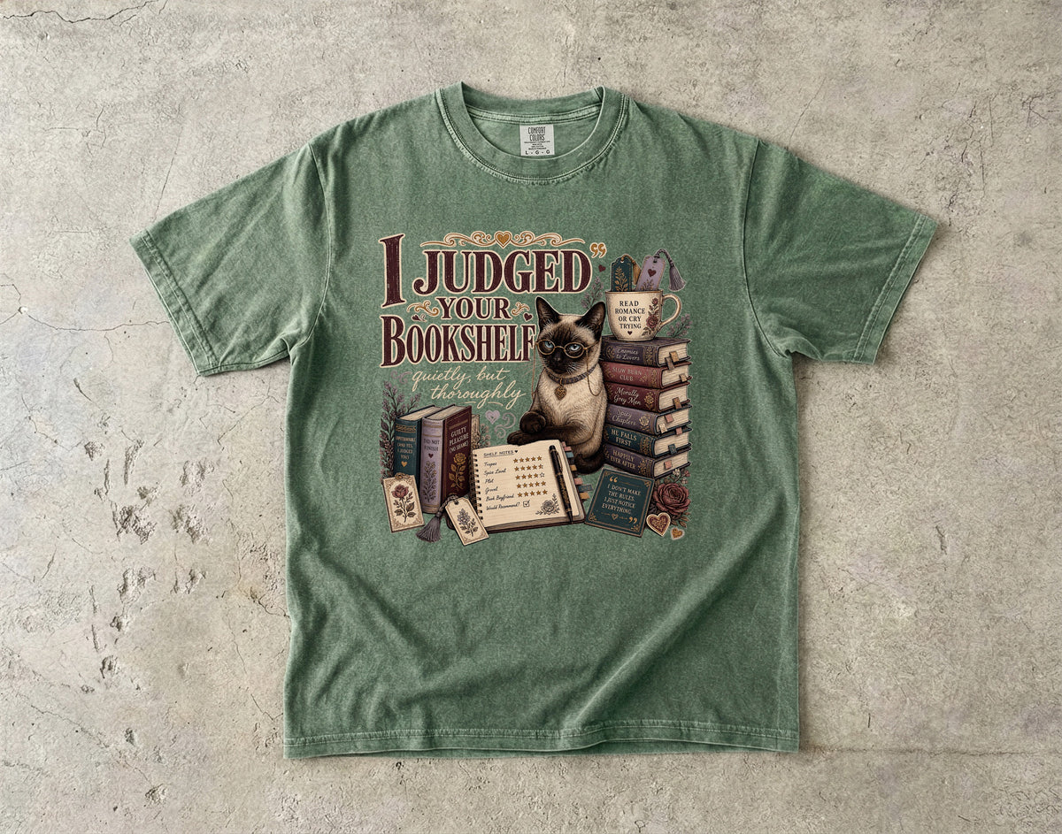 I Judged Your Bookshelf T-Shirt | Funny Siamese Cat Book Lover Shirt | Bookish Cat Gift for Readers | Comfort Colors Unisex Tee