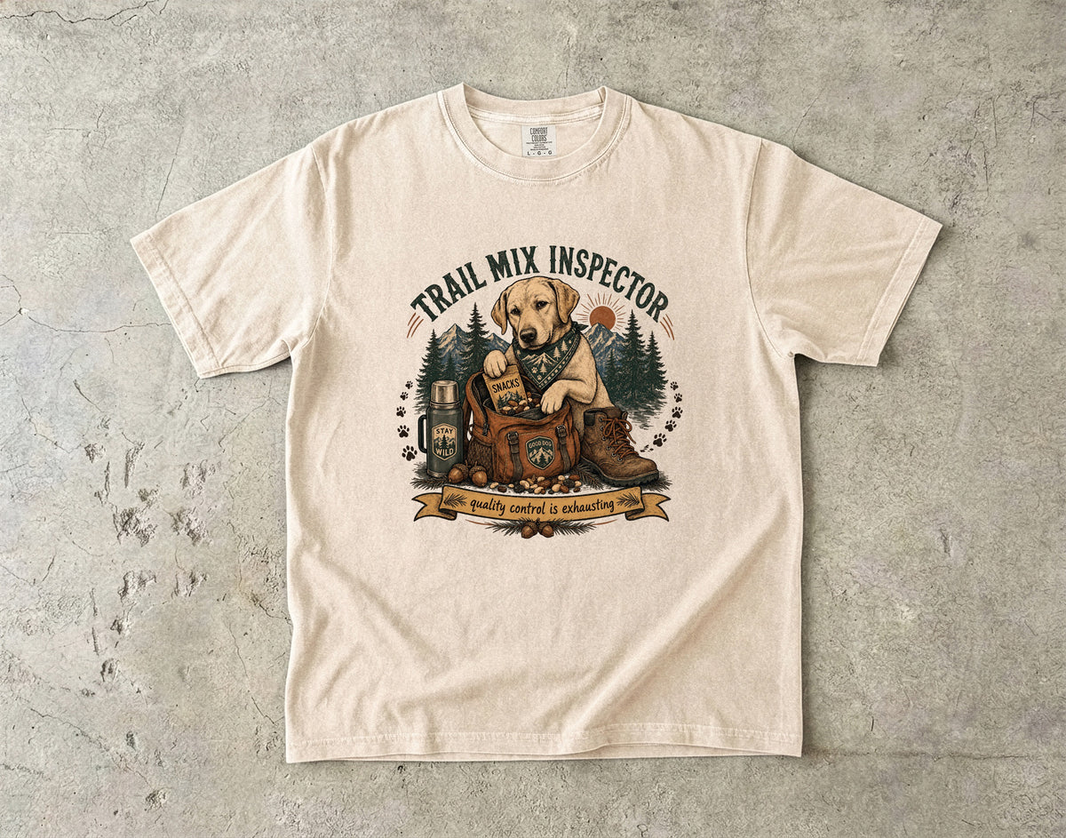 Trail Mix Inspector T-Shirt | Funny Yellow Lab Hiking Shirt | Camping Dog Lover Gift | Comfort Colors Unisex Tee